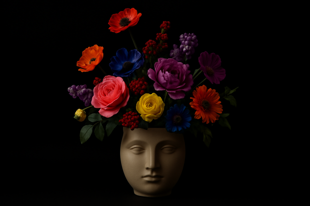 Kunstbloemen boeket in vaas gezicht met zwarte achtergrond 