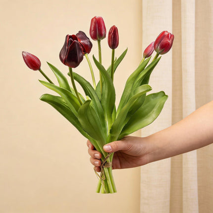 Bouquet di tulipani - Rosso intenso - Tulipani artificiali 'Tocco reale' - 7 steli - 42 cm