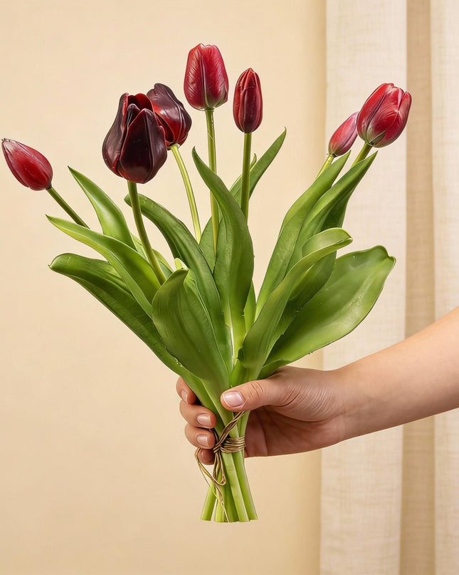 Bouquet di tulipani - Rosso intenso - Tulipani artificiali 'Tocco reale' - 7 steli - 42 cm