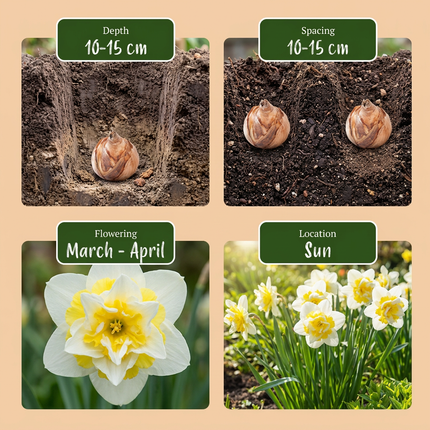 80x Narcissus Ice King - Narciso doble - Blanco y amarillo - Floración primaveral - Calibre del bulbo 12/14