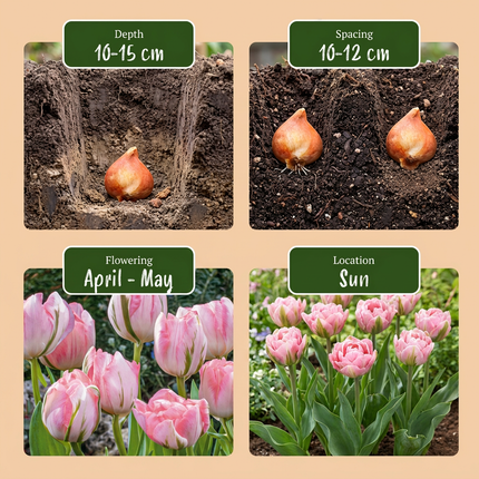 96x Tulipa Double Pink - Tulipán doble rosa - Rosa - Floración primaveral - Calibre del bulbo 11/12