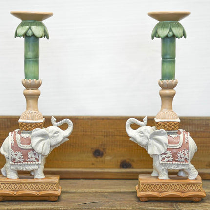 Kandelaar - Olifant roze/groen - Polyresin - 34,5 cm