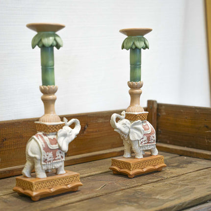 Kandelaar - Olifant roze/groen - Polyresin - 34,5 cm