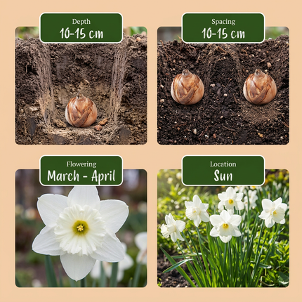 30x Narcissus Mount Hood - Narciso trompeta - Blanco - Floración primaveral - Calibre del bulbo 10/12