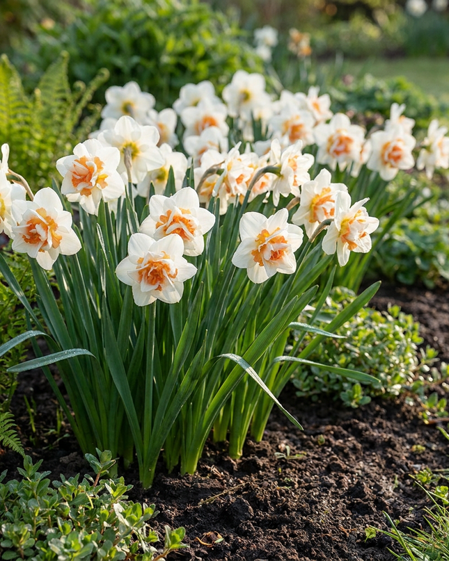 20x Narcissus Replete - Narciso doble Replete - Blanco y naranja - Floración primaveral - Calibre del bulbo 10/12