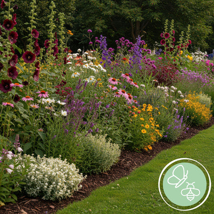 Green boutiQ - Borderpaket - Bienen- und Schmetterlingsanziehend - 24 Stauden - 3 m2 - Verschiedene Farben - Wenig Pflege - Topf 11cm