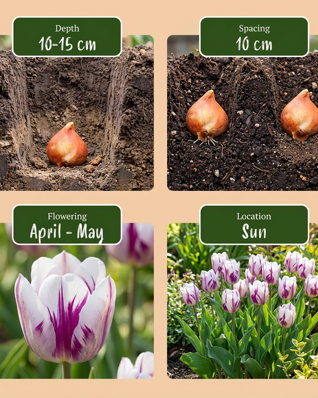 60x Tulipa Flaming Flag - Tulipe Flaming Flag - Blanc et violet - Floraison printanière - Calibre du bulbe 11/12