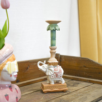 Kandelaar - Olifant roze/groen - Polyresin - 34,5 cm