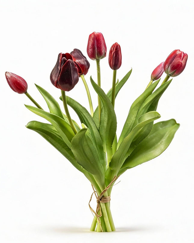 Bouquet di tulipani - Rosso intenso - Tulipani artificiali 'Tocco reale' - 7 steli - 42 cm