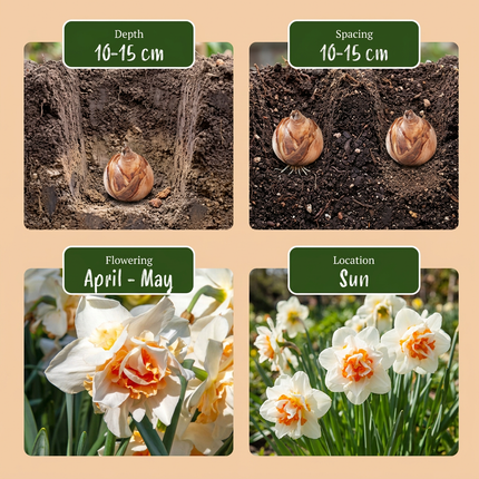 20x Narcissus Replete - Double daffodil Replete - White and Orange - Spring bloomer - Bulb size 10/12