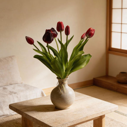 Bouquet di tulipani - Rosso intenso - Tulipani artificiali 'Tocco reale' - 7 steli - 42 cm