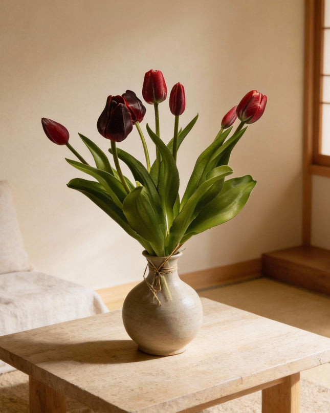 Bouquet di tulipani - Rosso intenso - Tulipani artificiali 'Tocco reale' - 7 steli - 42 cm