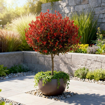 Photinia fraseri Little Red Robin – Terrassenpflanze – immergrün – winterhart – grün-rotes Blatt – Topf 19cm Höhe 90cm