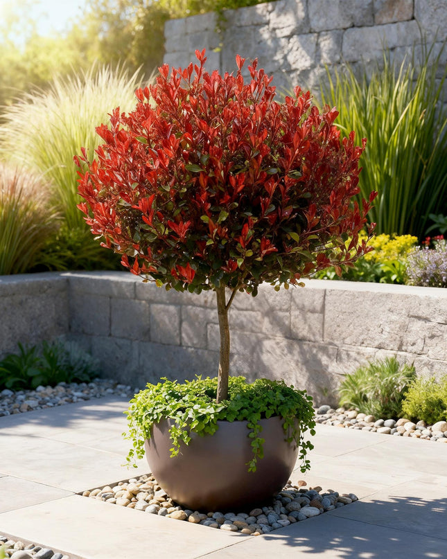 Photinia fraseri Little Red Robin – Terrassenpflanze – immergrün – winterhart – grün-rotes Blatt – Topf 19cm Höhe 90cm