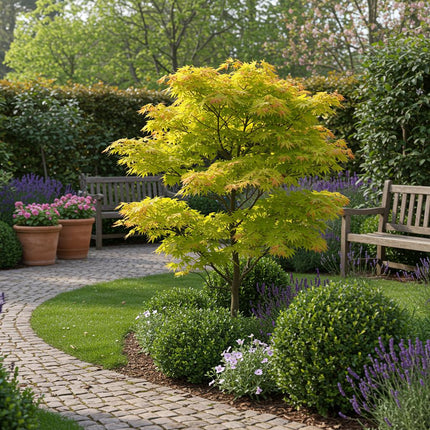 Japanse Esdoorn - 2 planten - Acer palmatum Jordan - Geel - Bladverliezend - Pot 19cm Hoogte 70cm
