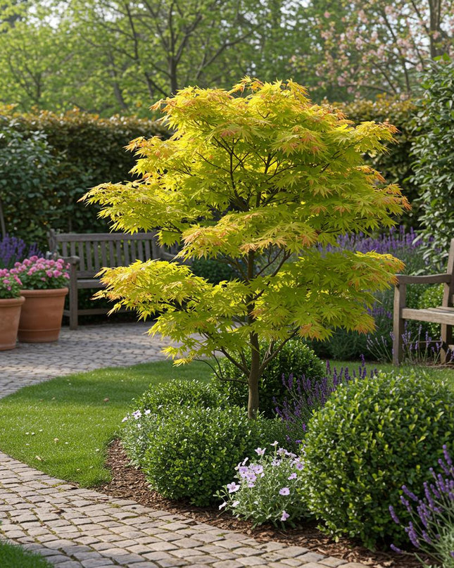Japanse Esdoorn - 2 planten - Acer palmatum Jordan - Geel - Bladverliezend - Pot 19cm Hoogte 70cm