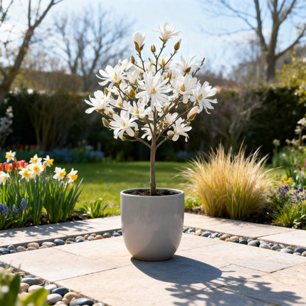 Magnolia stellata – Terrassenpflanze – sommergrün – winterhart – weiße Blüte – Topf 19cm Höhe 90cm