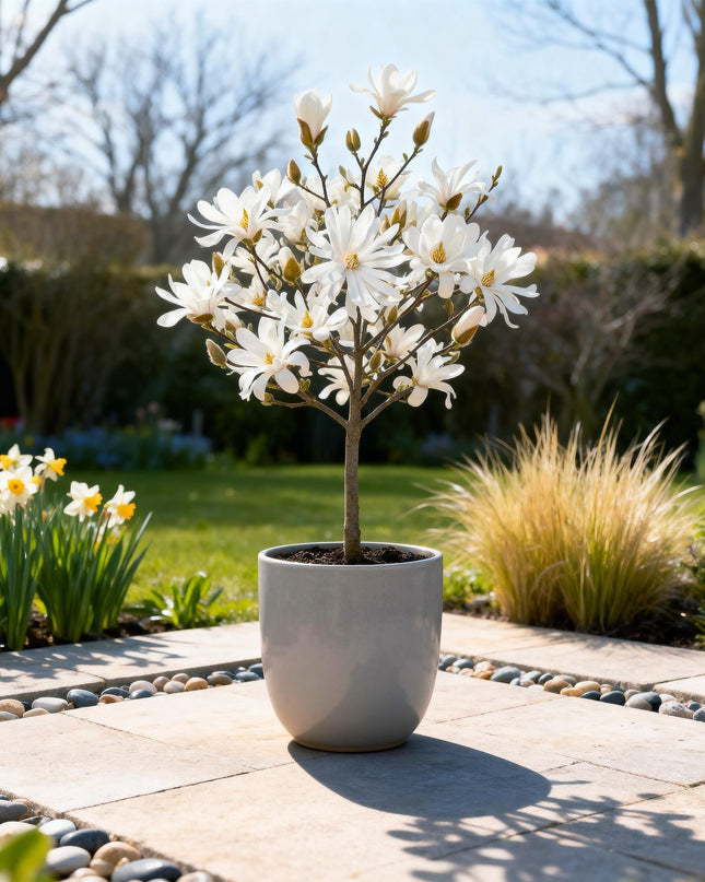 Magnolia stellata – Terrassenpflanze – sommergrün – winterhart – weiße Blüte – Topf 19cm Höhe 90cm