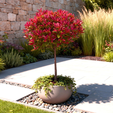 Photinia fraseri Carre Rouge – Terrassenpflanze – immergrün – winterhart – grün-rotes Blatt – Topf 19cm Höhe 90cm