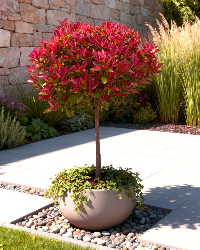 Photinia fraseri Carre Rouge – Terrassenpflanze – immergrün – winterhart – grün-rotes Blatt – Topf 19cm Höhe 90cm