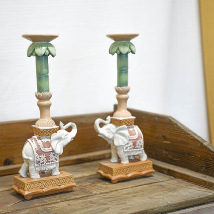 Kandelaar - Olifant roze/groen - Polyresin - 34,5 cm